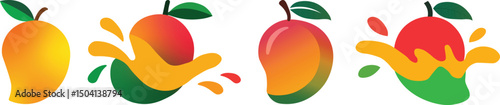 Logo Design of 4 colorful mango vector illustrations with leaves and slices for tropical food design, packaging, branding, and decor use