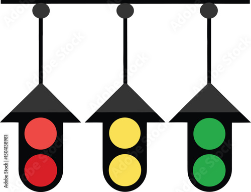 Illustration of a triple traffic signal system with red yellow and green lights