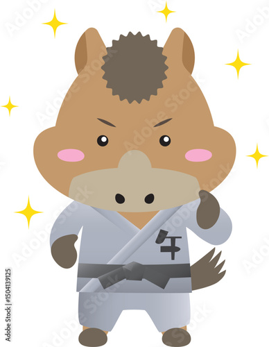黒帯の馬キャラクター｜武道（柔道・空手・合気道）を学ぶかわいい干支素材