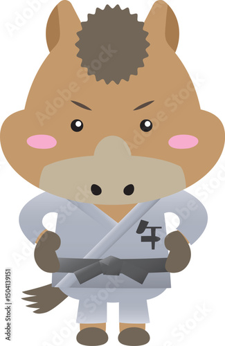 黒帯の馬キャラクター｜武道（柔道・空手・合気道）を学ぶかわいい干支素材