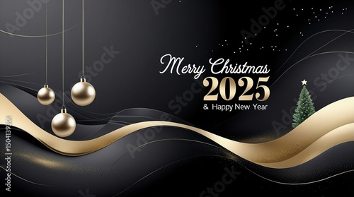 Christmas themed background and template, modern and premium design with Christmas ball hangings and Christmas trees,Merry Christmas 2025 and Happy New Year Greetings 