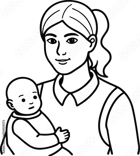Line art illustration of a young mother gently holding her infant child