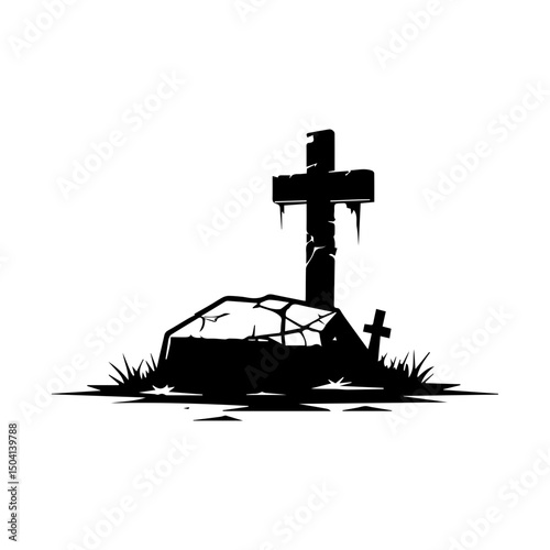 Old cracked tombstone with large wooden cross and overgrown grass in silhouette style