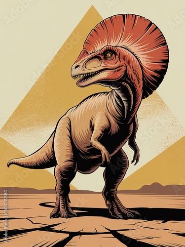 Dilophosaurus shows its imposing frill and posture while standing on a cracked earth landscape
