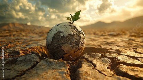 A fragile earth reborn with hope as a single seedling sprouts in cracked dry land bathed in warm hopeful light with arid