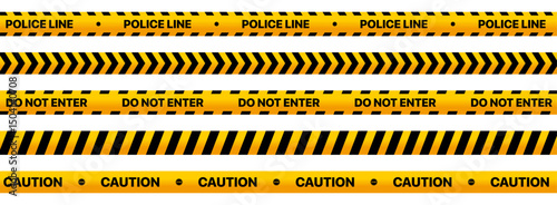 Yellow caution tape on transparent background with black and yellow seamless barrier lines. Warning zone and construction border tape for no-cross areas. Includes brushes for design use.	