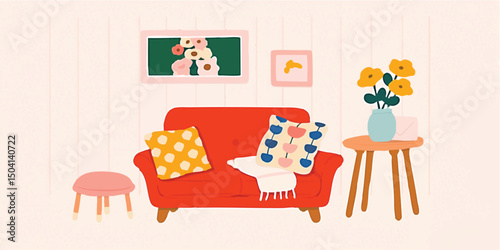 A cozy, artful living room with a vibrant, modern aesthetic. Featuring a plush red couch adorned with decorative pillows, artwork and a small table with flower adding a splash of color.