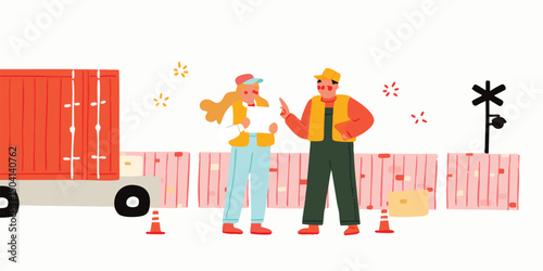 Two professionals from transportation industry engaged in a lively discussion near a cargo container. Focuses on their work, collaboration and details in an illustrative style.