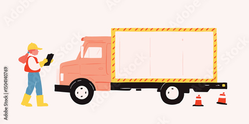 A diligent construction worker, clad in safety gear, oversees a truck, exemplifying industry dedication and logistics.