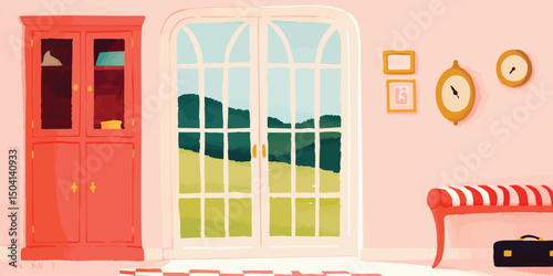 A cozy interior living room with an inviting window with a bright outdoor view of a serene landscape, embodying comfort and tranquility, featuring tasteful decor and a welcoming ambiance.