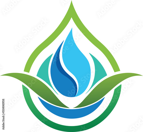 Abstract water drop logo design featuring green leaves and blue hues