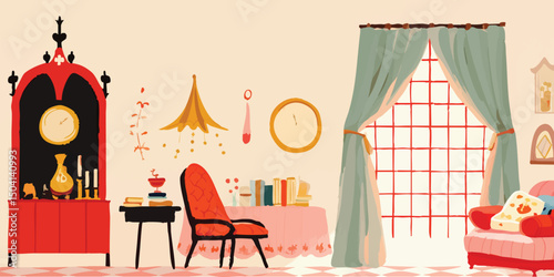 A cozy vintage living room in a charming, hand-drawn style. The scene is bright and welcoming, inviting the viewer to imagine the warmth and comfort of a home.
