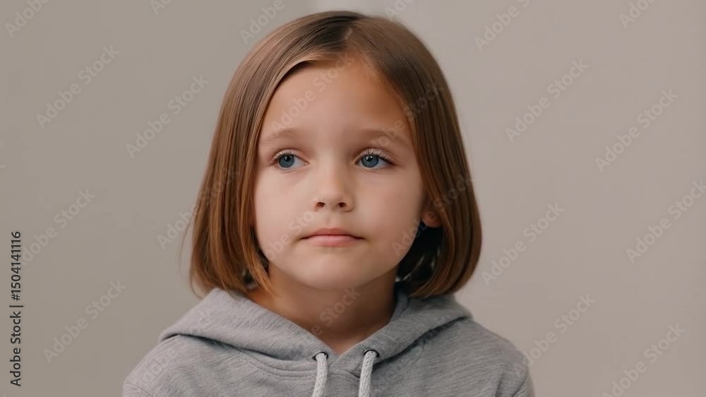 Close-up of a thoughtful young girl with short brown hair and blue eyes, wearing a gray hoodie