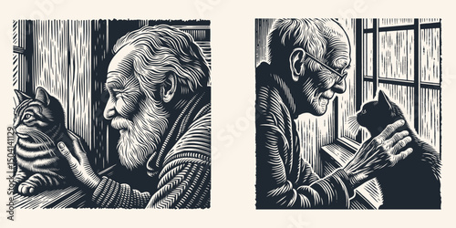  Illustration of Elderly Man Petting a Cat by the Window –Engraving  Vintage Woodcut Inspired Design, Peaceful Senior Moment with Pet Indoors, Black and White Artwork