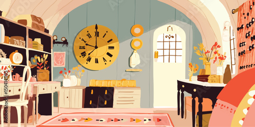 A whimsical interior design of a room featuring a vintage clock, evoking a sense of nostalgia and timeless charm, and a carefully curated collection of decor elements to enhance the aesthetics.