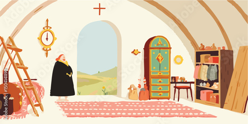 A serene figure stands thoughtfully in the warm light of a quaint, antique interior. The interior features simple furnishings and an open archway leading to the inviting outdoors.