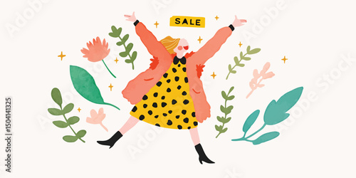 An image of a delighted individual enthusiastically celebrating a sale, accentuated by lush greenery, blooms, and stars, embodying a joyful experience of retail therapy.