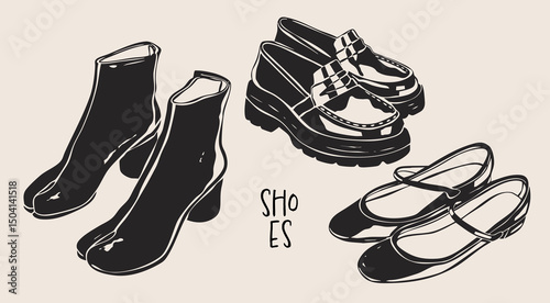 Different shoes set. Heeled, ankle boots, loafers, ballet shoes. Casual formal leather footwear for women, men. Hand drawn modern Vector illustration. Trendy monochrome style. Isolated design elements