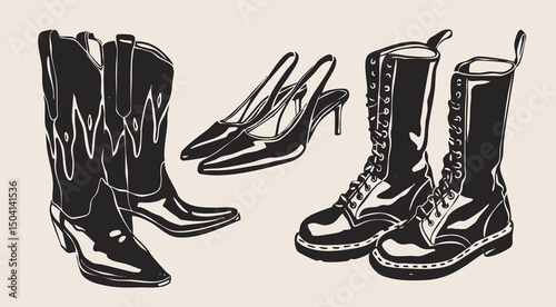 Different shoes set. Heeled summer shoes, high, cowboy boots. Casual formal leather footwear for women, men. Hand drawn modern Vector illustration. Trendy monochrome style. Isolated design elements