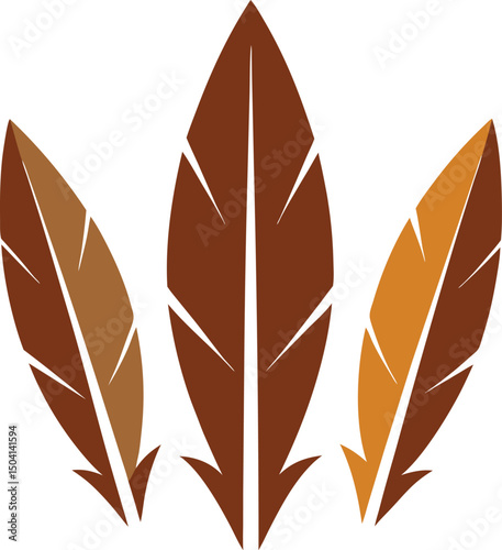 Three stylized feathers in brown and orange hues abstract design element