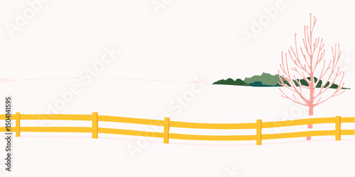 A minimalistic depiction of a snow-covered landscape, with a fence, tree and the faint outline of hills suggesting the onset of winter. 