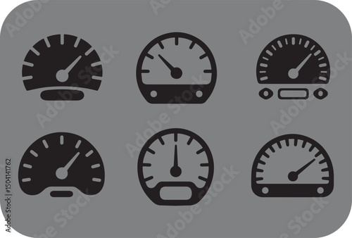 Collection of six different speedometer icons black and white