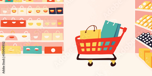A colorful cart filled with shopping bags and shop shelf with various products, inviting the viewer to embrace the joy of retail therapy. 