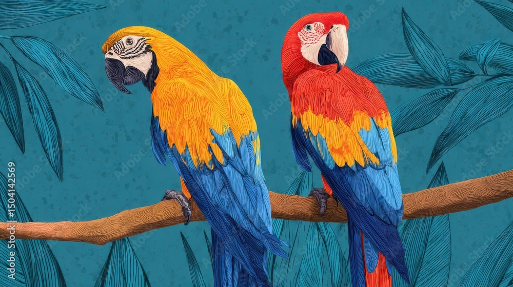 Obraz premium Two colorful parrots sitting on a branch in a tropical forest, a love concept