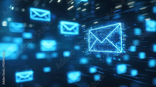 Sending secure electronic mail messages across digital networks with bright blue neon email icons and dark technological