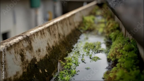 Clogged rain gutter filled with stagnant water, overgrown with bright green moss and decaying leaves. Requires drainage and maintenance.