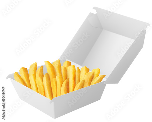 White food box with french fries, packaging for hamburger, lunch, fast food, burger, sandwich isolated on white background. Packaging Cardboard Box Mockup, Realistic 3d Vector Illustration