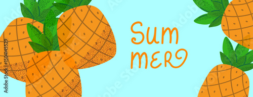 Bright summer illustration with pineapples and playful hand lettering. Fun tropical design on a light blue background. Perfect for banners, cards, and seasonal promotions. Vector illustration