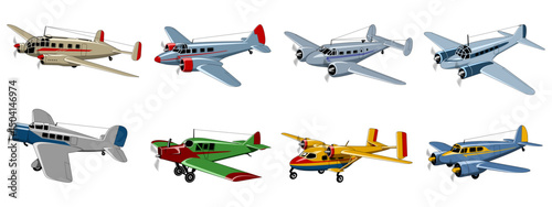 Vintage Civil Planes. Light Passenger and Cargo Aircraft. Color vector cliparts isolated on white.