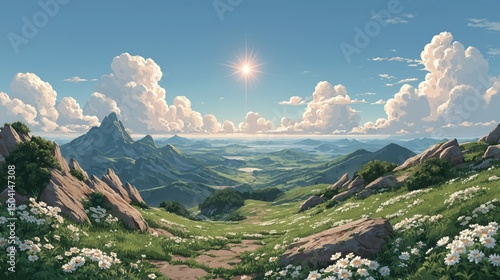 A breathtaking photorealistic landscape under radiant sunny sky with blue hues fluffy clouds golden rays lush green meadow and distant mountains serene uplifting mood