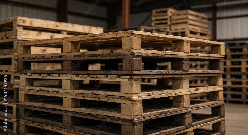 Stacked Wooden Pallets Storage in Warehouse Stacked Wooden Pallets Storage in Warehouse