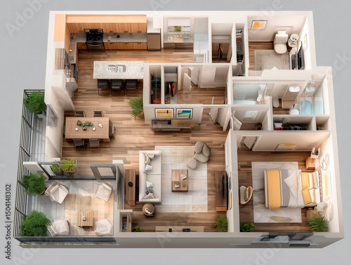 家族暮らし向け住宅の3D立体間取り図。リビング、ダイニング、キッチンの俯瞰画像