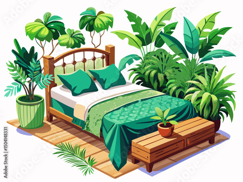 vector of The double bed is covered with green plants all around and the background is white and free of extra things...