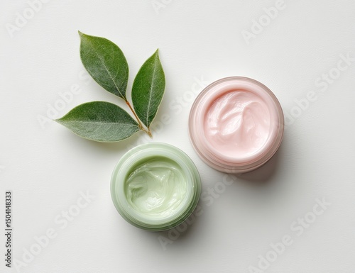 Two jars of facial cream with green leaves