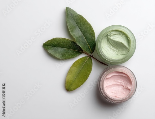 Natural face creams with fresh leaves.  Two jars of face cream, one light green and one light pink, rest atop a white surface. A sprig of fresh green leaves adds a touch of natural elegance