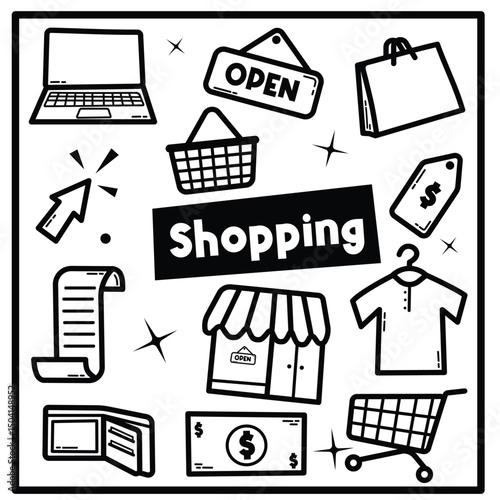 Vector doodle shopping icon hand drawn set.