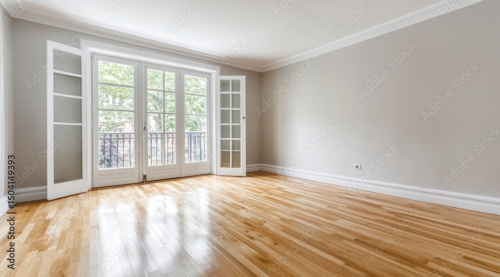 Obraz premium Empty room with hardwood floors and large windows
