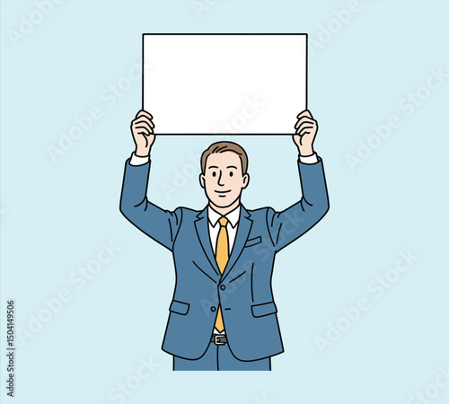 Businessman Holding Blank Signboard for Message or Advertisement, Corporate Man in Suit with Empty Banner, Professional Presentation Concept