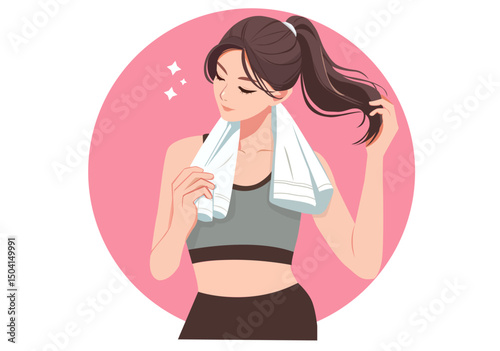 A woman in workout clothes and a towel around her neck is wiping away sweat after a workout.