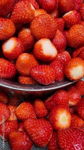 Close up of fesh red strawberries without leaves in a bowl