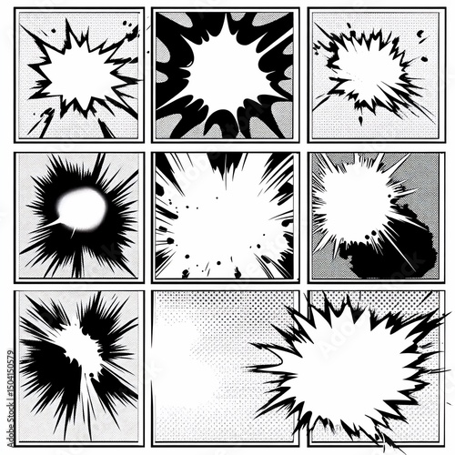 Comic book panel layouts with various explosion and impact designs in black and white