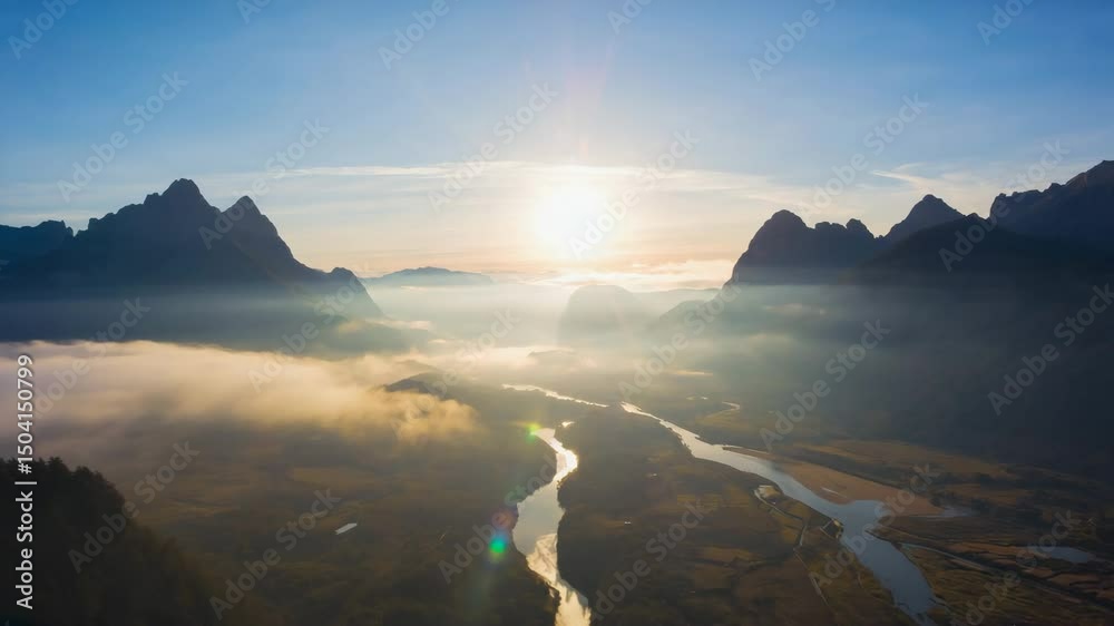 a breathtaking aerial view of a vast mountain range, dominated by jagged peaks and deep valleys. dawn scenery, creating dramatic contrasts of light and shadow across the rugged terrain.
