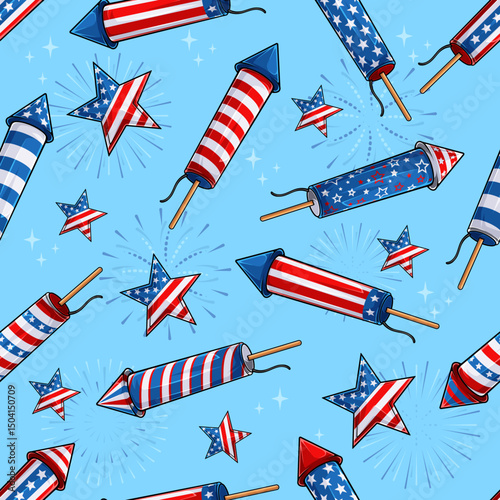 Hand drawn seamless pattern of firecrackers and stars in American flag theme, celebrating 4th of July, veteran day, national memorial day