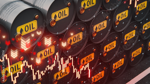 Rows of Oil Barrels with Financial Charts and Downward Trends