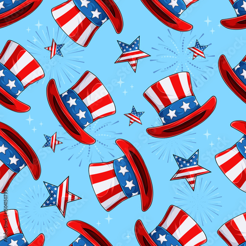 Hand drawn seamless pattern of uncle sam hats and stars in American flag theme, celebrating 4th of July, veteran day, national memorial day