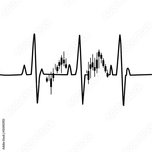A black line traces resembling a heartbeat pattern intertwined with stock market candlesticks. The combination suggests a connection between market fluctuations and lifelines.